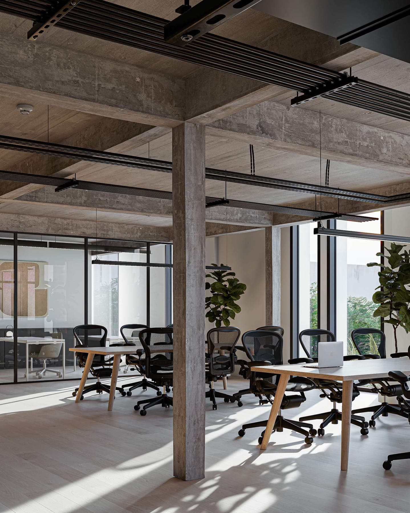 Planta de coworking con escritorios compartidos, sillas ergonómicas y sala de reunión vidriada