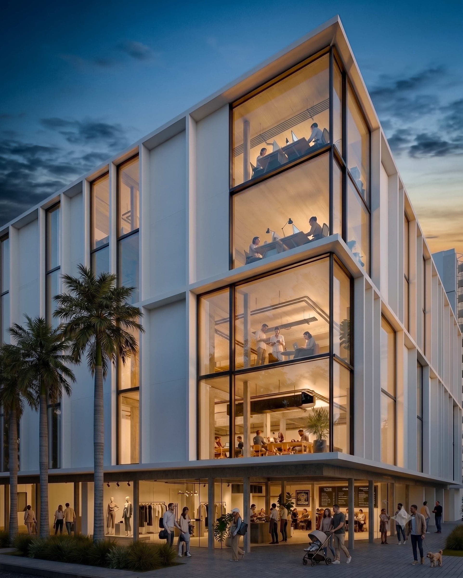 Render arquitectónico de la esquina de Urban Covadonga al atardecer, con oficinas iluminadas y locales en planta baja
