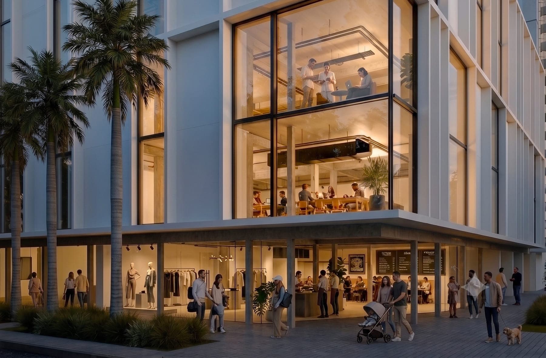 Esquina de Urban Covadonga al atardecer con una boutique y una cafetería iluminadas en planta baja y peatones en la vereda